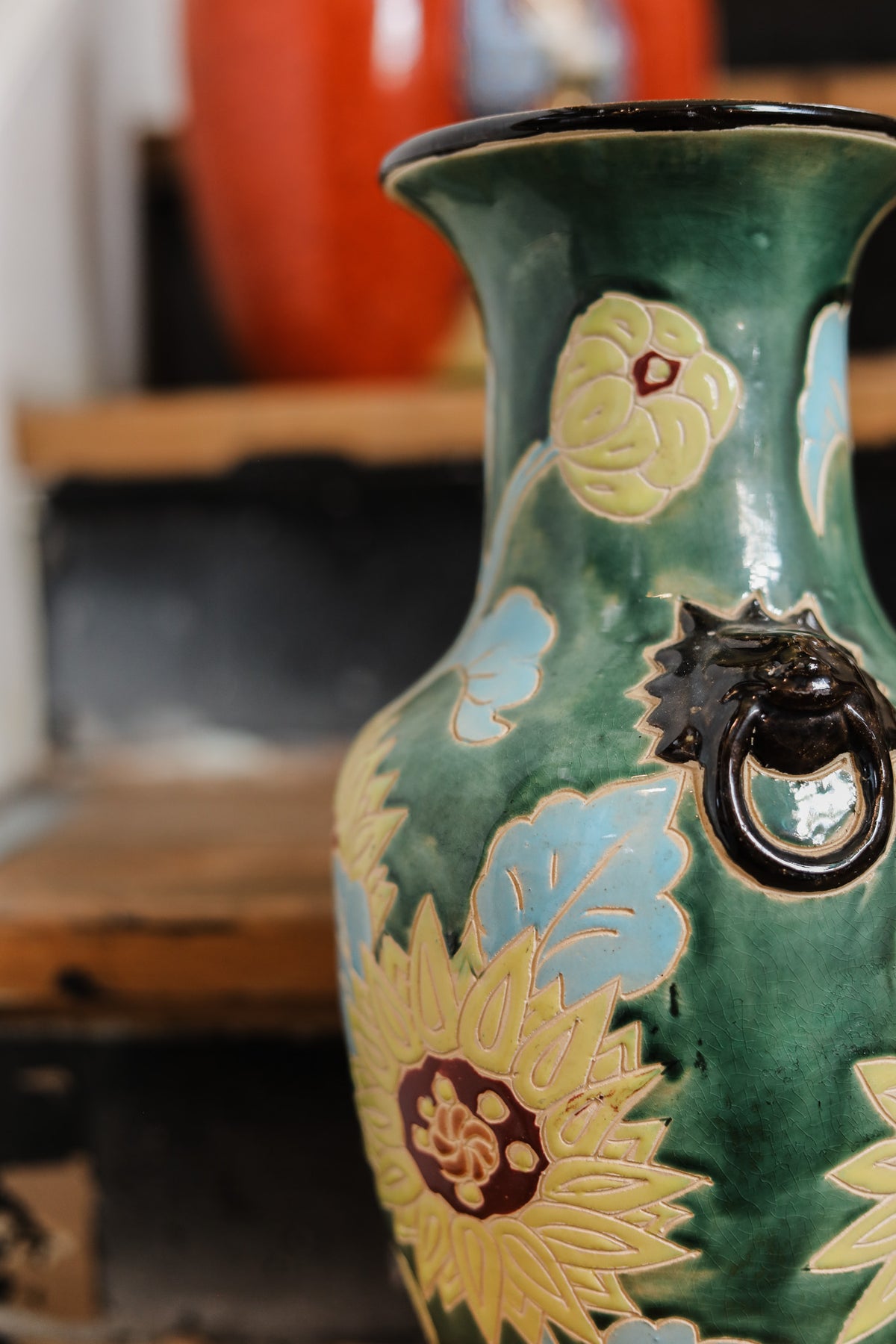 Green Lion Head & Floral Vase